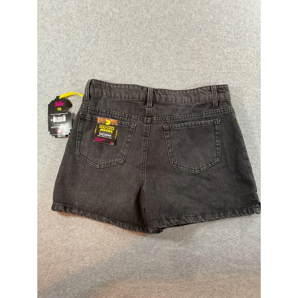 Justice Pac-Man Girls Black Denim Mini Mom Shorts Rhinestone Size 16 NWT 1365